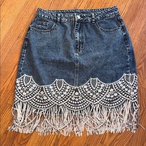 SHEIN Blue Denim Skirt with Silver Lace Fringe